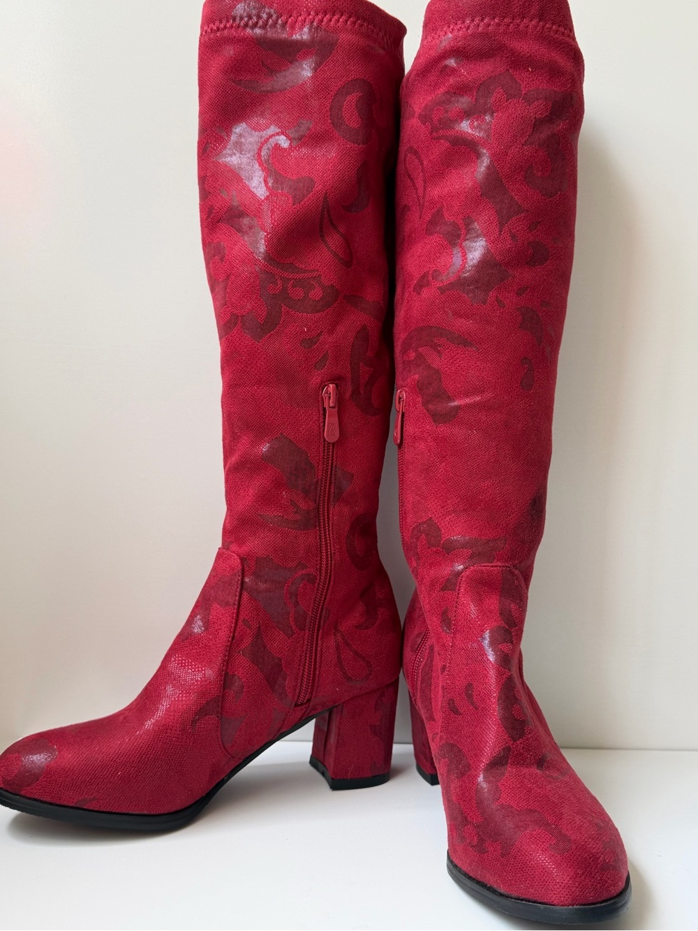 Women US 9 EU 39 Red Leather Knee High Riding Boots Floral Round Toe Zip